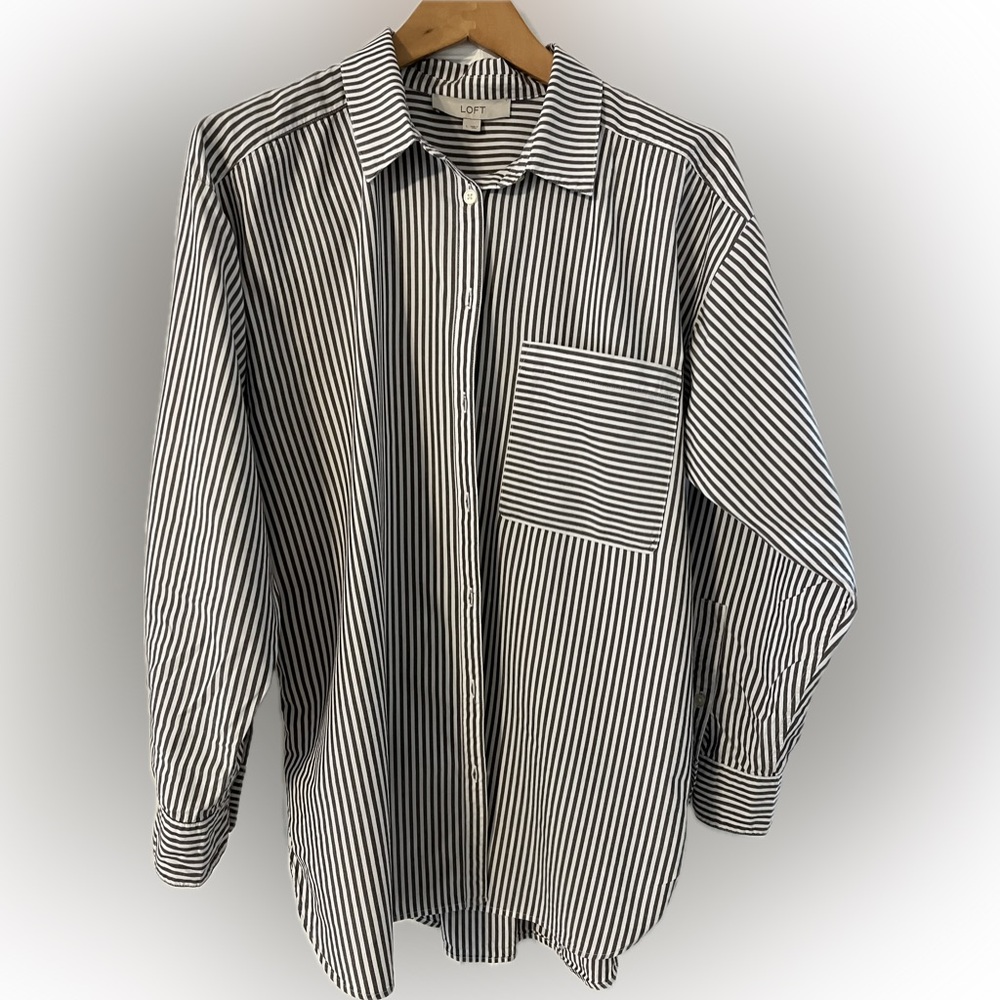 LOFT Gray and White Striped Oversized Women's Button Down Shirt